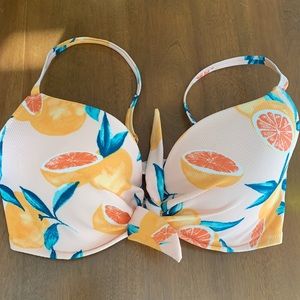 34D front tie shade shore grapefruit print bikini